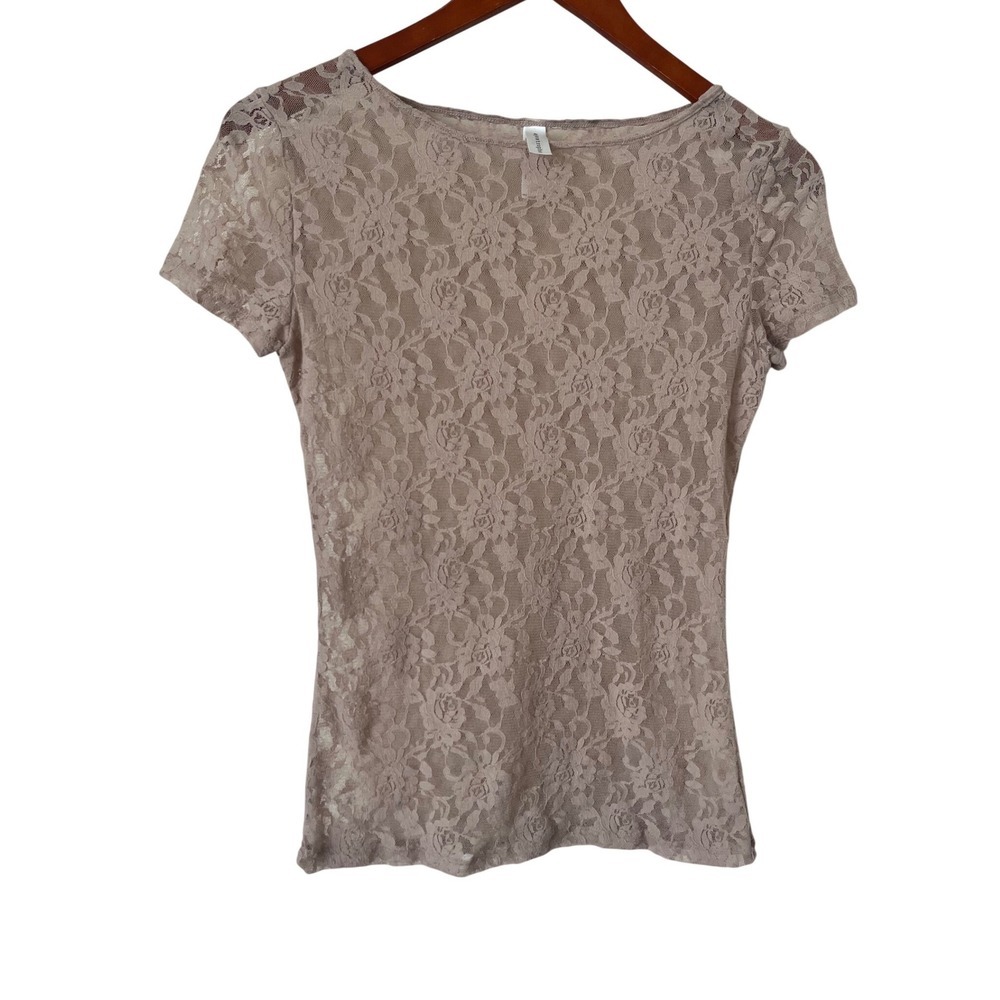Apostrophe Women Mauve Taupe Floral Sheer Lace Short Sleeve Top Blouse Size S